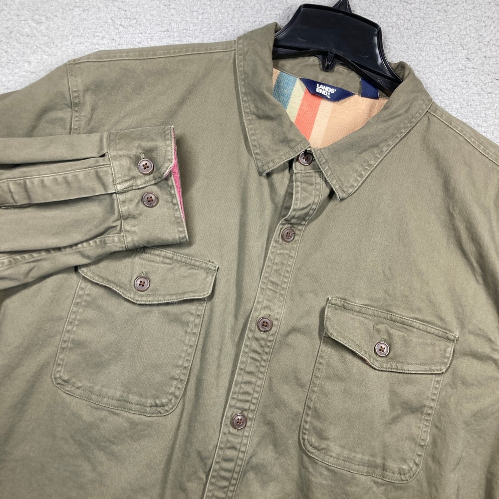 Lands' End Shirt Jacket‎ Mens XXL Olive Green Flannel Lined Cotton Twill Shacket